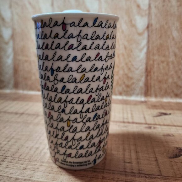 2011 STARBUCKS Falala Travel Mug Holiday Fa La La Double Wall Ceramic & Lid 12oz - Picture 8 of 11